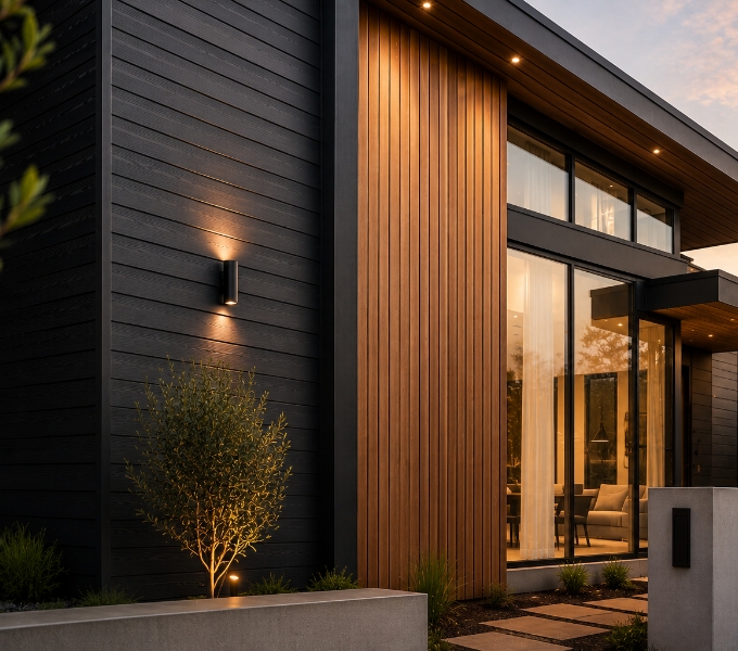 Dark horizontal cladding beside a vertical timber batten screen at dusk