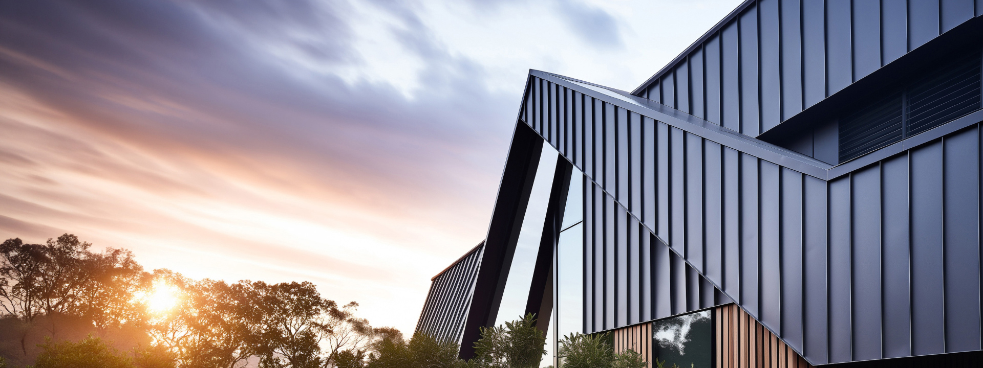 Architectural metal cladding facade at sunset