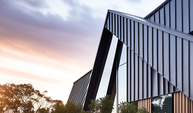 Architectural metal cladding facade at sunset
